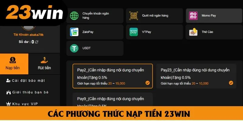 Các phương thức nạp tiền 23win